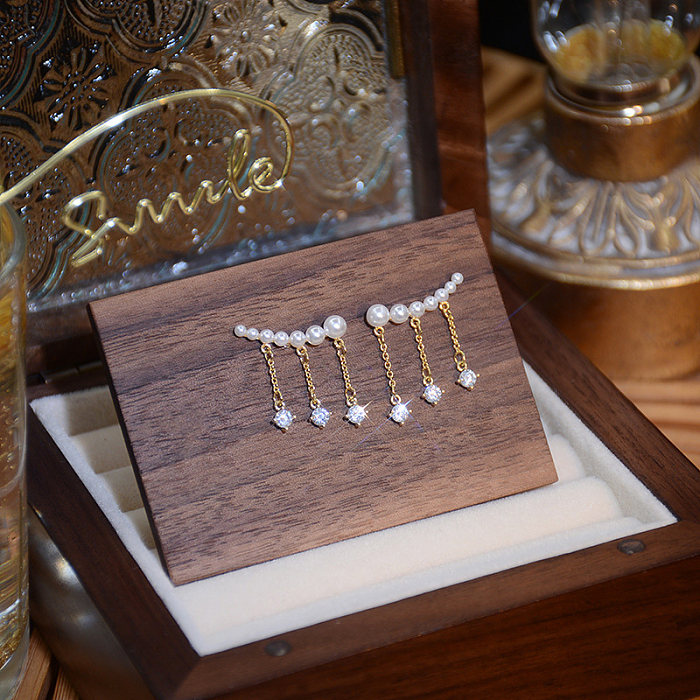 1 Paar Feen-Stil, schlichter Stil, Quasten-Beschichtung, Inlay, Kupfer, künstliche Perlen, Zirkon, 14 Karat vergoldet, Tropfenohrringe