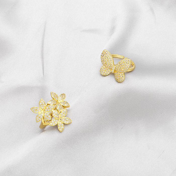 Offene Ringe im französischen Stil mit glänzender Blume, Schmetterling, Kupferbeschichtung, Inlay aus Zirkon, 18 Karat vergoldet