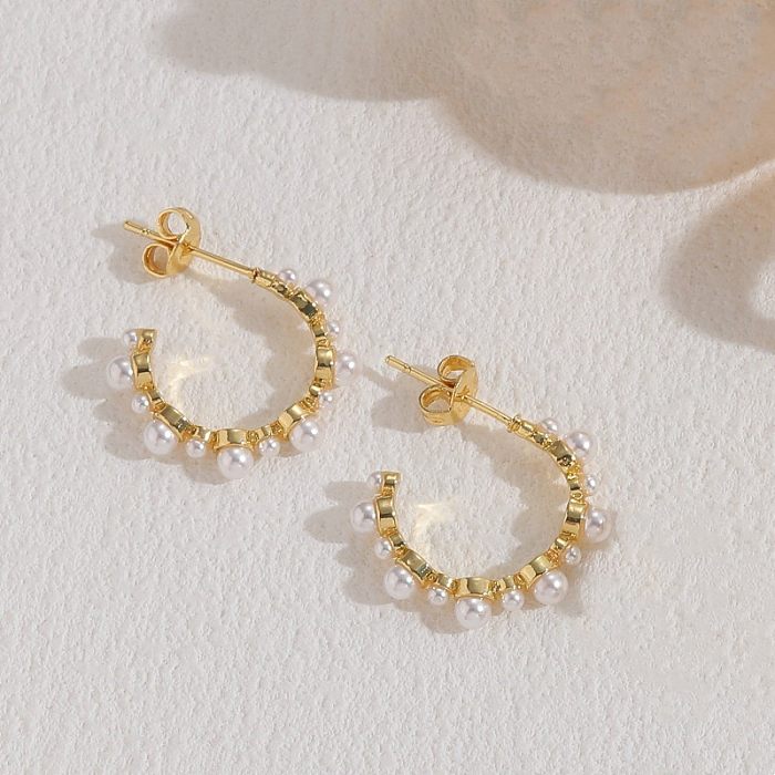 1 Pair Elegant Modern Style C Shape Plating Inlay Copper Pearl Zircon 14K Gold Plated Earrings