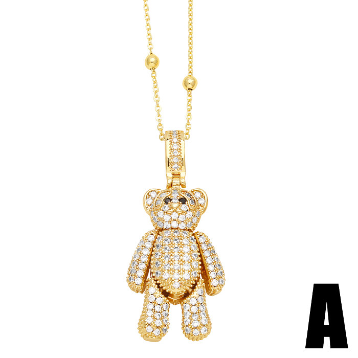 Cute Little Bear Stainless Steel Copper Plating Inlay Zircon 18K Gold Plated Pendant Necklace