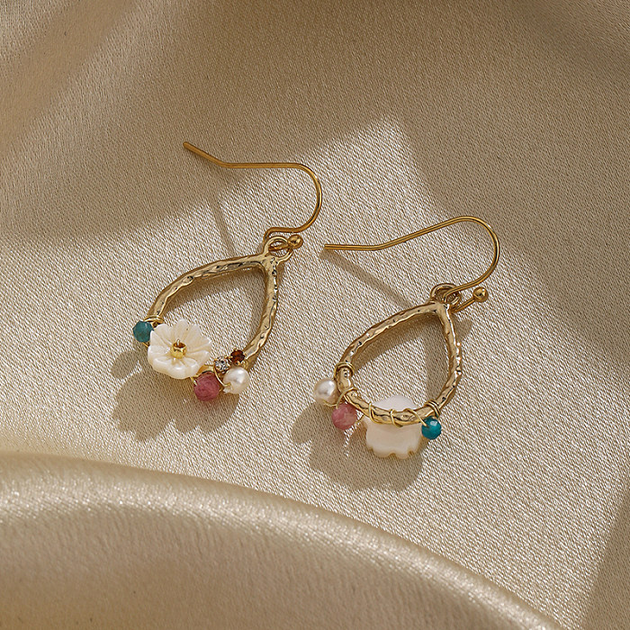 1 paire de boucles d'oreilles en forme de gouttelettes d'eau de Style français, incrustation de perles en cuivre et Zircon plaqué or 18 carats