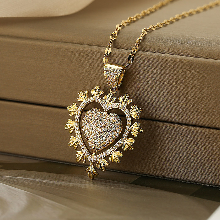 Colar com pingente de zircão banhado a ouro de cobre 18K em formato de coração estilo simples a granel
