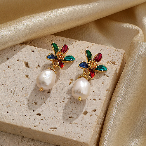 1 paire de boucles d'oreilles pendantes plaquées or 18 carats, Style ethnique, incrustation de fleurs, perles en cuivre