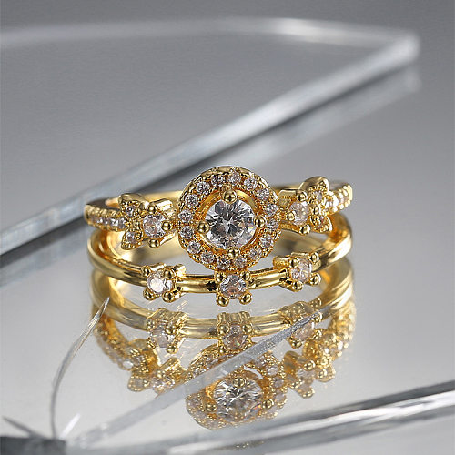 Anéis banhados a ouro de zircão com revestimento de cobre geométrico feminino