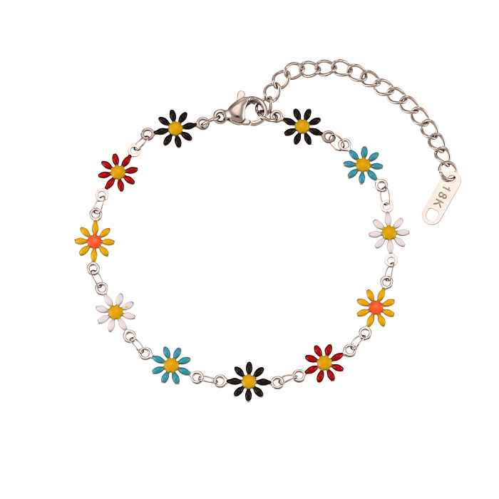 Basic Classic Style Flower Stainless Steel Enamel Plating 18K Gold Plated Bracelets Necklace