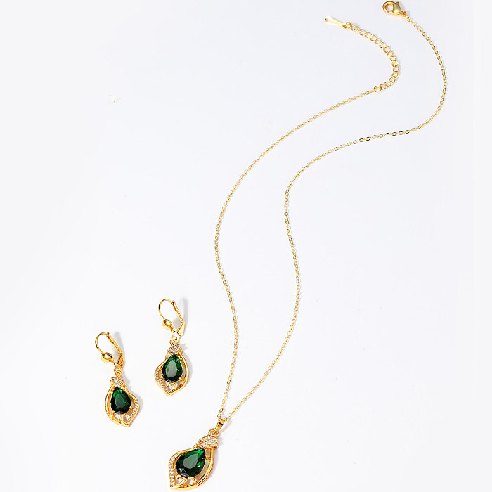 Elegante retro luxuoso gotas de água cobre chapeamento inlay zircon 18k banhado a ouro feminino brincos colar