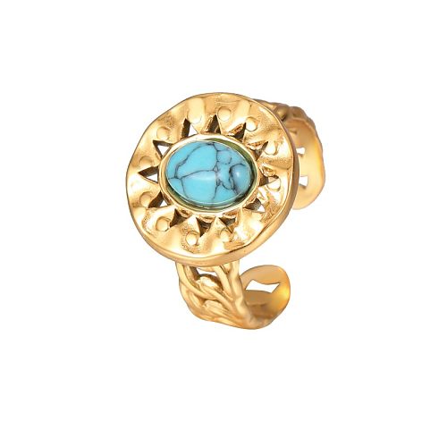 Vintage Style Round Oval Stainless Steel Plating Turquoise HD-18894 Zircon Gold Plated Open Rings
