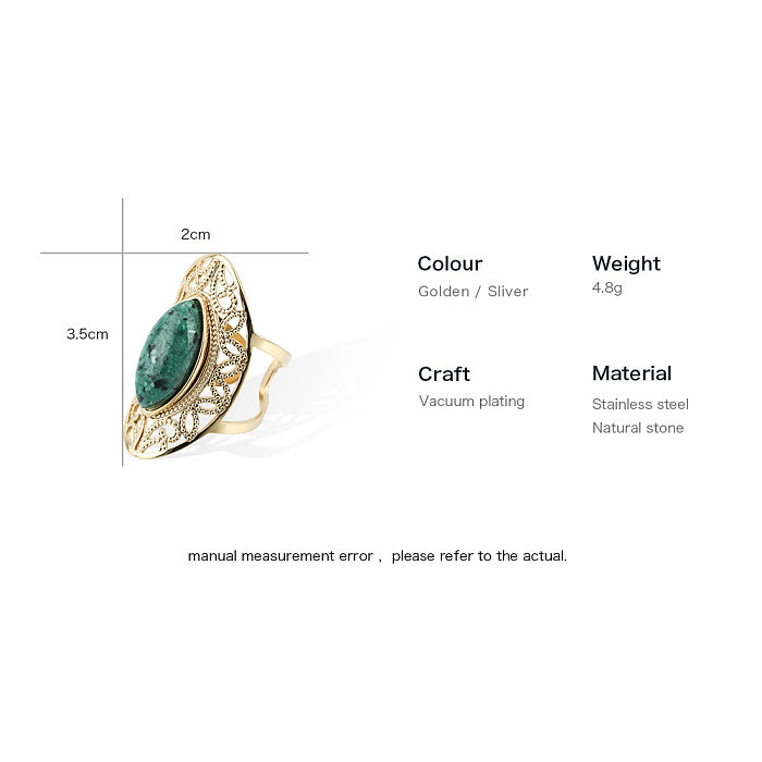 New Ethnic Style Retro Opening Ring Stainless Steel Natural Turquoise Adjustable Ring