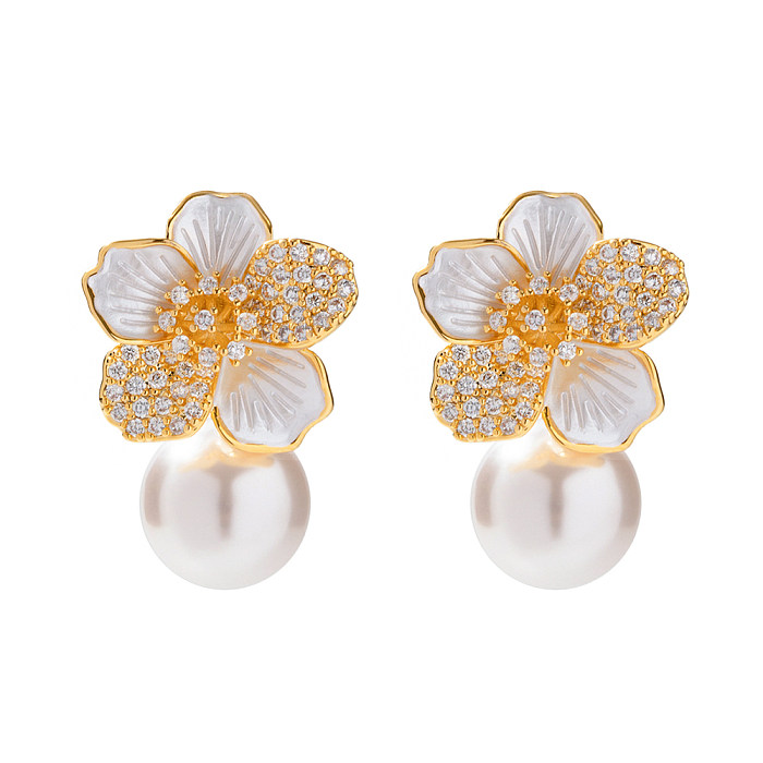 1 Pair INS Style Flower Copper Pearl Copper 18K Gold Plated Ear Studs