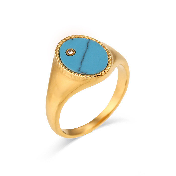 Retro Oval Water Droplets Stainless Steel Inlay Natural Stone Turquoise Rings