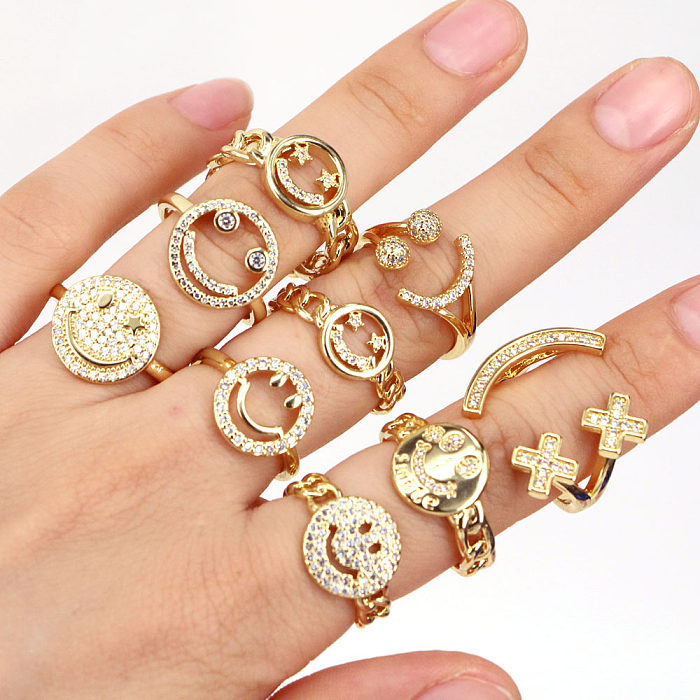 Fashion Smiley Face Copper Open Ring Inlay Zircon Copper Rings