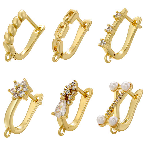 1 Paar lässige, elegante, luxuriöse, U-förmige Ohrhaken mit Inlay aus Kupfer, künstlichen Perlen, Zirkon, 18 Karat vergoldet
