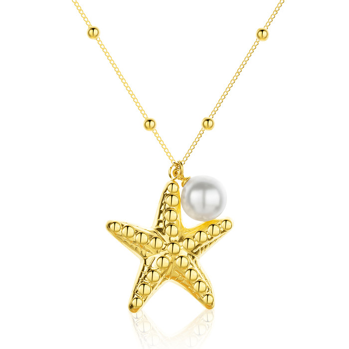 Luxueux brillant croix étoile coquille en acier inoxydable perle d'eau douce polissage placage incrustation Zircon plaqué or boucles d'oreilles collier