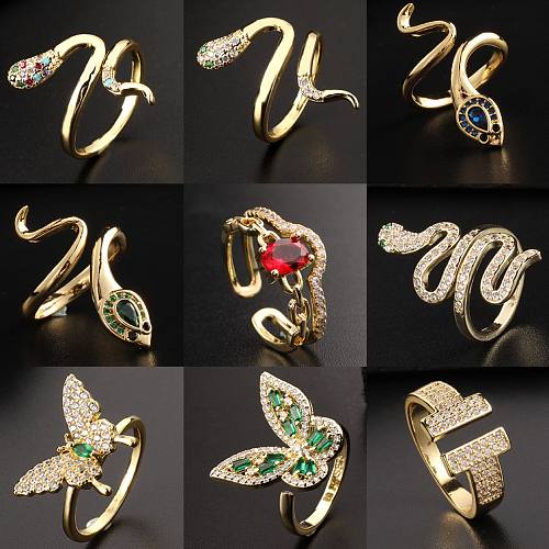 Anel de personalidade de extremidade aberta transfronteiriça zircão borboleta anel retro diamantes em forma de cobra índice aberto anel de dedo jóias femininas