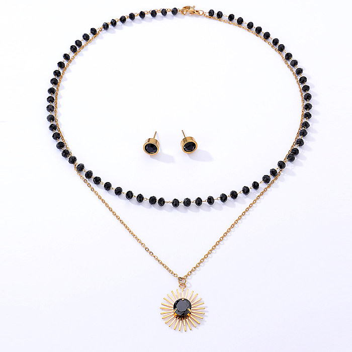 Conjunto de collar de doble capa de cristal negro con pendientes redondos de acero inoxidable retro de moda