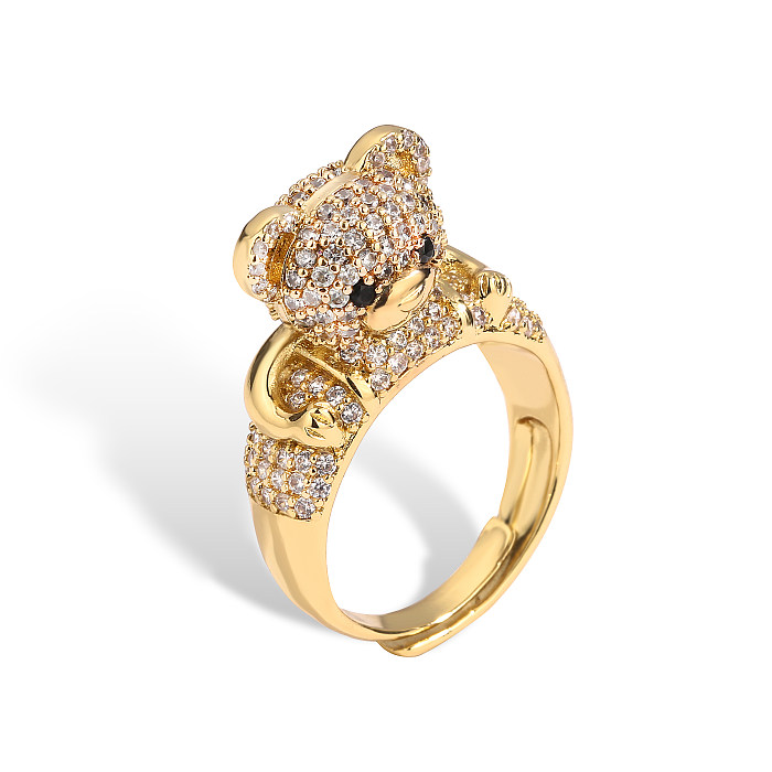 Casual Cute Vintage Style Bear Copper Plating Hollow Out Inlay Zircon 18K Gold Plated Open Rings