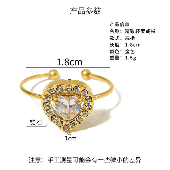 Atacado estilo vintage formato de coração aço inoxidável titânio chapeamento embutido 18K anéis abertos de zircônia banhados a ouro