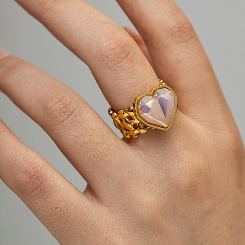 Offener Ring im IG-Stil, herzförmig, Edelstahl-Beschichtung, künstliche Edelsteine, 18 Karat vergoldet