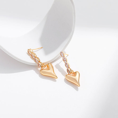 1 paire de boucles d'oreilles pendantes en cuivre et Zircon, Style Simple, incrustation en forme de cœur
