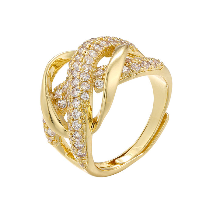 Elegante brilhante cor sólida chapeamento de cobre embutimento zircão 18K anéis abertos banhados a ouro