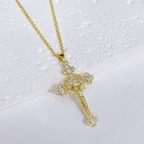Fashion Cross Copper Inlay Zircon Pendant Necklace 1 Piece