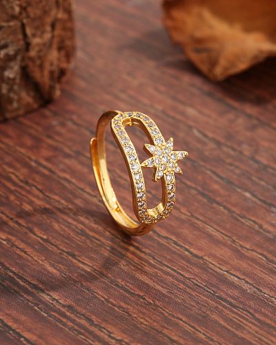 Luxuoso estilo moderno doce hexagrama cobre chapeamento oco incrustação zircão anéis banhados a ouro 18K