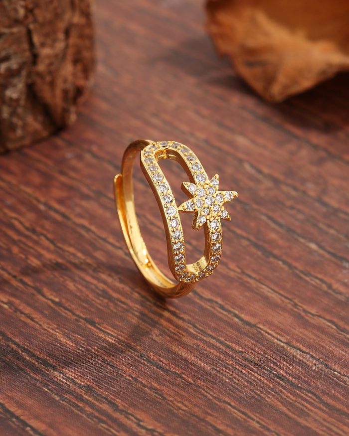 Luxuriöse, moderne Ringe mit süßer Hexagramm-Verkupferung, ausgehöhltem Zirkon-Inlay, 18 Karat vergoldet