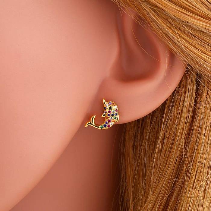 Simple Moving Color Copper Inlaid Zircon Elephant Dolphin Stud Earrings NHAS149172