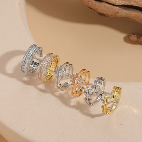 Elegant Luxurious Classic Style Geometric Copper Plating Inlay Zircon 14K Gold Plated Rings