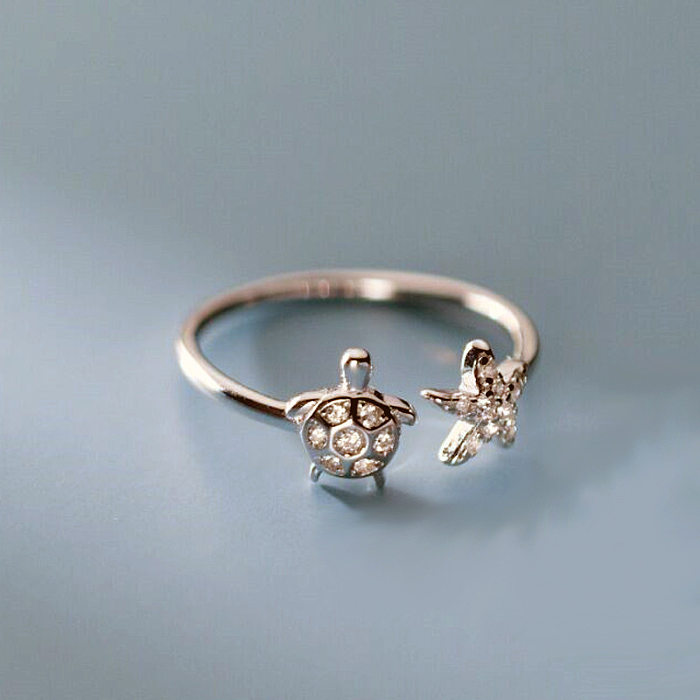Cute Tortoise Star Copper Inlay Zircon Silver Plated Open Rings