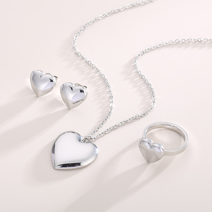Moda coração forma titânio chapeamento de aço anéis brincos colar 1 conjunto