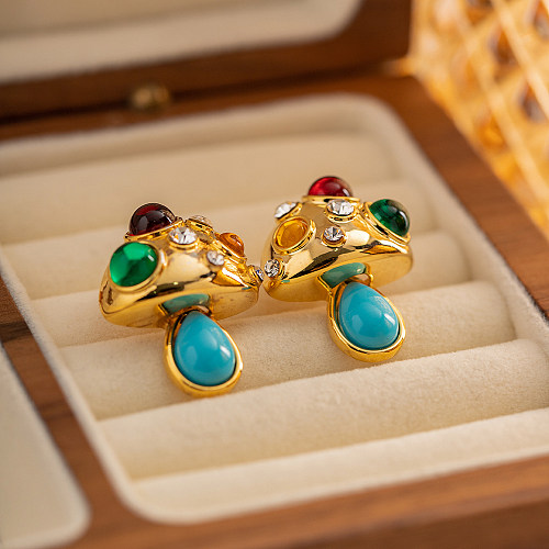 1 Paar elegante, glamouröse Pilz-Ohrringe mit Kupferbeschichtung und türkisfarbenem Zirkon, 18 Karat vergoldet
