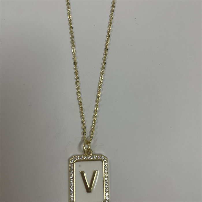 Simple Style Letter Rectangle Brass Plating Inlay Zircon 14K Gold Plated Pendant Necklace