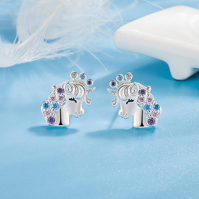 1 Pair Cute Lady Unicorn Copper Inlay Zircon Ear Studs