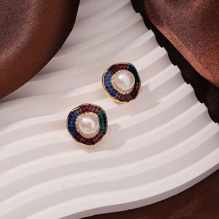 1 Pair Commute Round Plating Inlay Copper Artificial Gemstones 18K Gold Plated Ear Studs