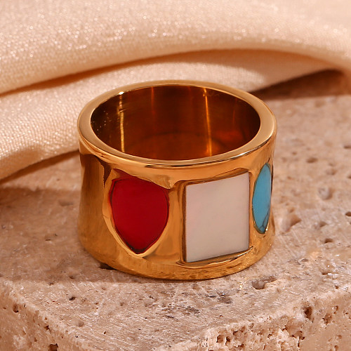 Estilo vintage estilo clássico multicolorido revestimento de aço inoxidável incrustado turquesa anéis banhados a ouro 18K