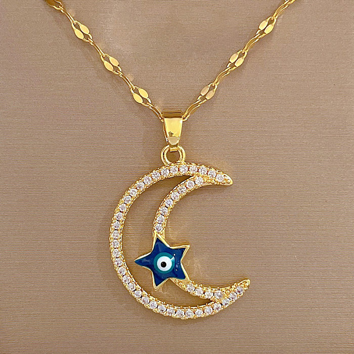 Collier avec pendentif en forme de lune, titane, acier, cuivre, incrustation de Zircon