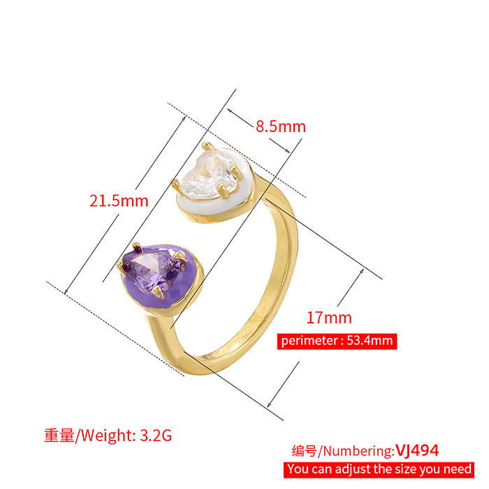 Simple Style Heart Shape Copper Enamel Plating Inlay Zircon 18K Gold Plated Rings