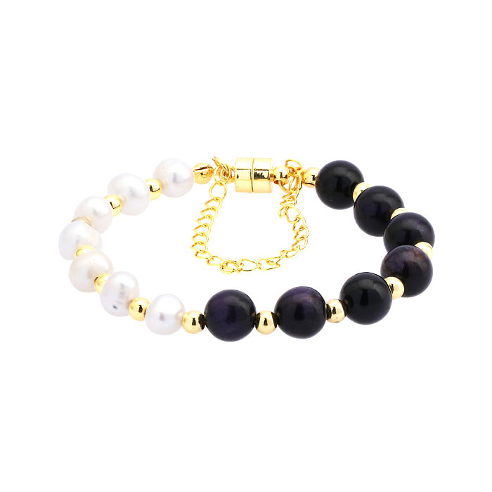 Simple Style Irregular Round Artificial Gemstones Freshwater Pearl Copper Handmade Plating 18K Gold Plated Bracelets