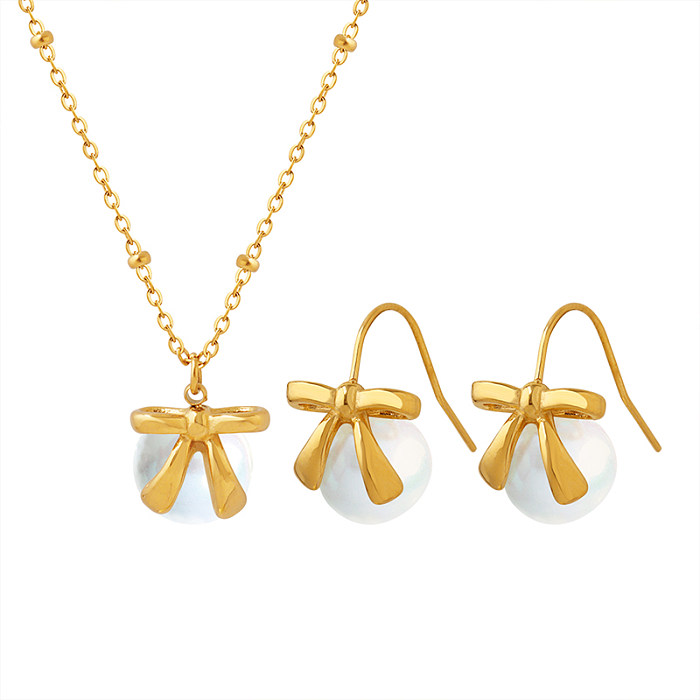 Fashion Bow Knot Titanium Steel Inlay Pearl Earrings Necklace