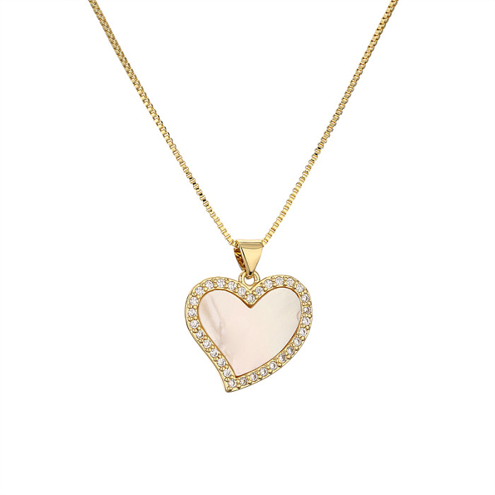 Simple Style Heart Shape Copper Plating Inlay Shell Zircon Gold Plated Pendant Necklace