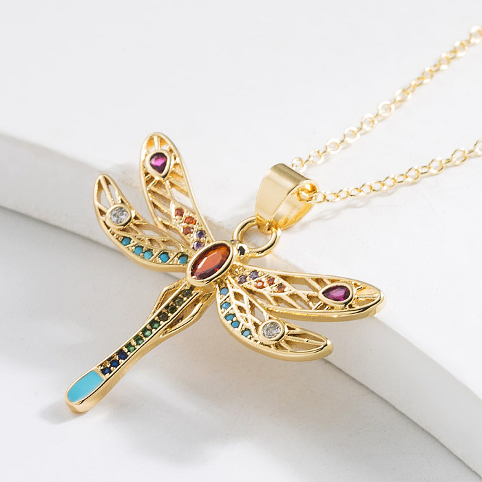 Fashion Dragonfly Copper Gold Plated Zircon Pendant Necklace 1 Piece