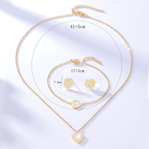 Fashion Simple Heart-Shaped Zircon Stainless Steel Ear Stud Bracelet Necklace Set