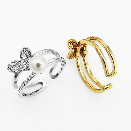 Señora romántica forma de corazón cobre chapado en oro plateado perlas artificiales circón anillo abierto a granel