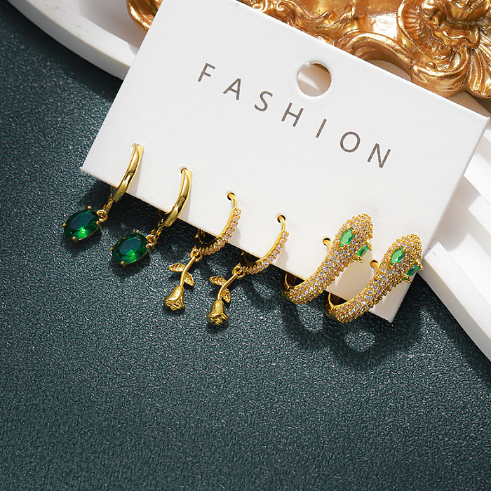1 Set Retro Flower Inlay Copper Zircon Drop Earrings