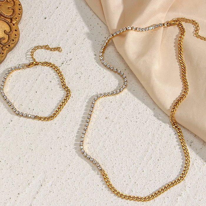 Elegant Solid Color Stainless Steel Patchwork Zircon 18K Gold Plated Bracelets Necklace