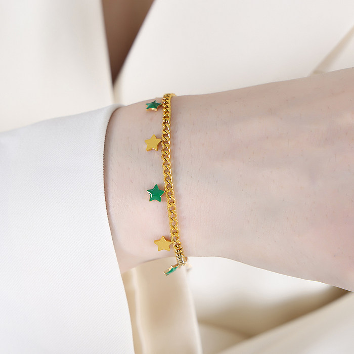 Elegante Streetwear-Armband-Halskette mit geometrischem Stern- und Mond-Motiv, Titanstahl, Emaille-Beschichtung, 18 Karat vergoldet