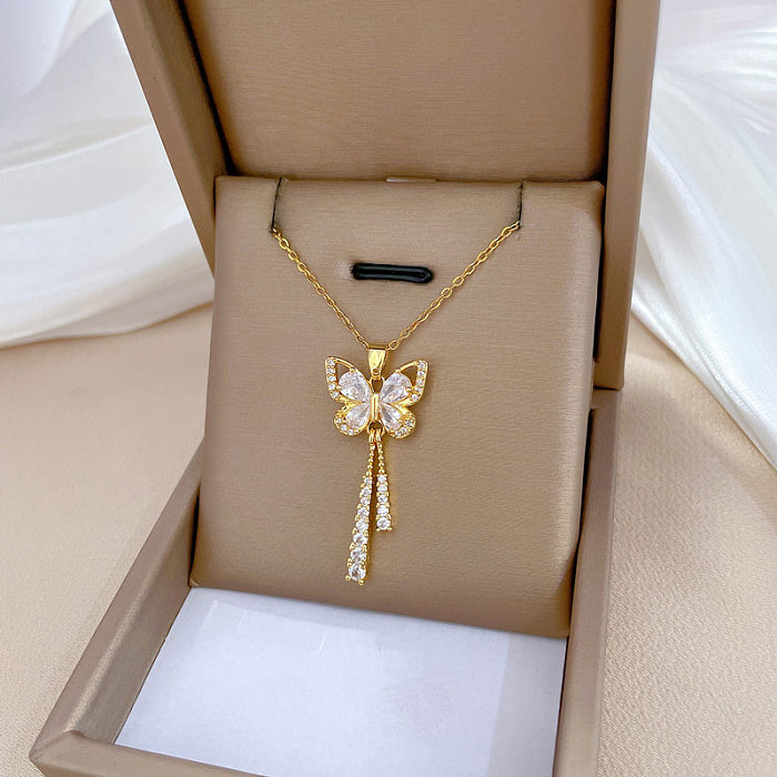 Elegant Luxurious Lady Butterfly Titanium Steel Copper Artificial Gemstones Pendant Necklace In Bulk