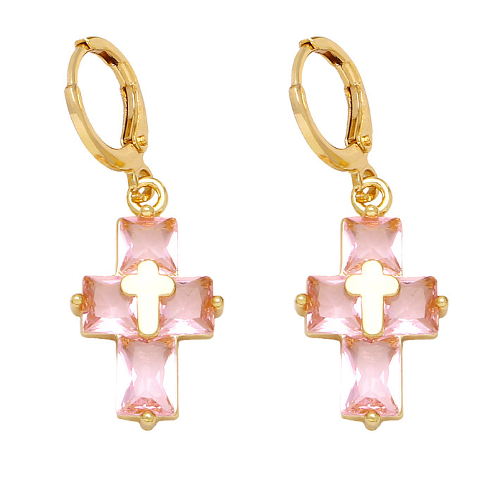 1 Pair Simple Style Cross Plating Inlay Copper Zircon 18K Gold Plated Drop Earrings
