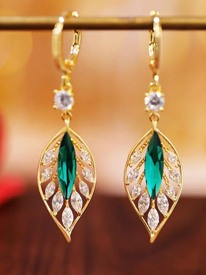 1 Pair Elegant Leaves Plating Inlay Copper Zircon Gold Plated Drop Earrings